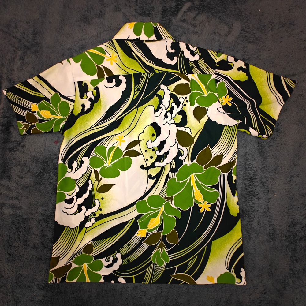Vintage 1960s Hawaii Nei Honolulu Green Floral Aloha Shirt Big Collar Mens S/M - Picture 9 of 13